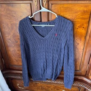 Ralph Lauren Navy Cable-Knit V-Neck Sweater